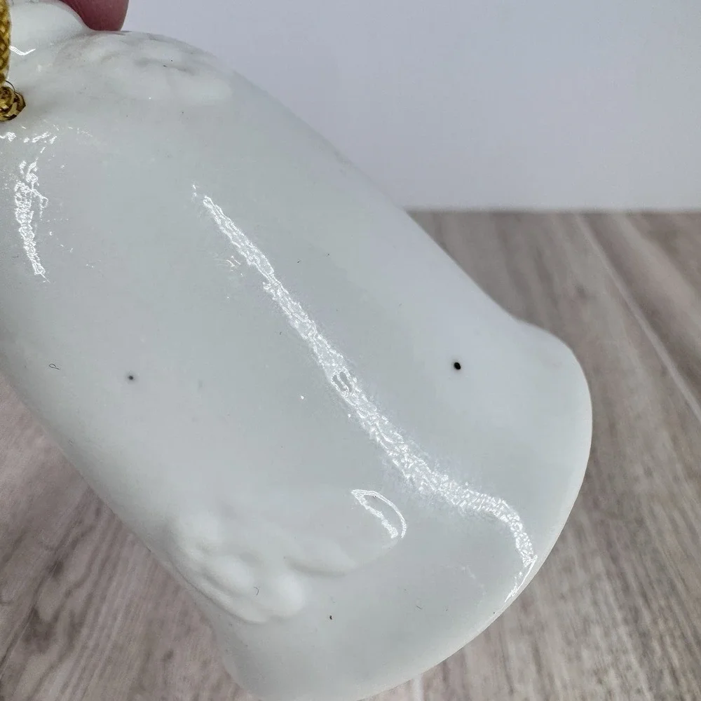 Vintage‎ White Ceramic Cat Bell Figurine Hand Bell Floral Design 4in
